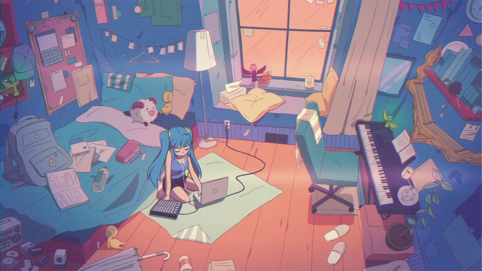 暖蓝渐变氛围的黄昏少女卧室全景插画