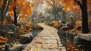 深秋公园河流古道风景