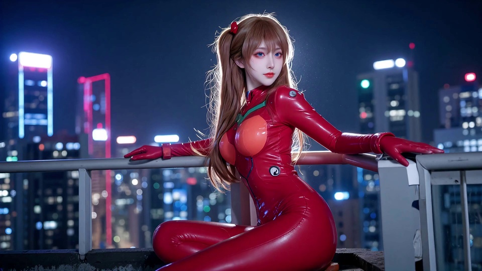 穿亮红色胶衣的棕发女性倚在天台护栏，身后是虚化的城市霓虹夜景。