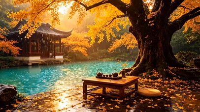 雨天湖边银杏