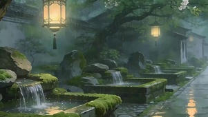 古风夜景雨天带鱼屏