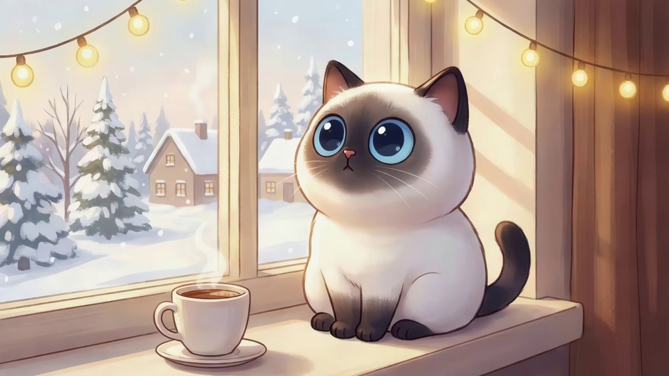 Q版插画里，蓝眼带面部暗色块的猫咪蹲在窗边，旁边放着带碟白瓷杯，窗外是落雪的冬日户外，覆雪树木与民居清晰可见，整体氛围温馨治愈。