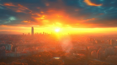 俯瞰落日城市天际线