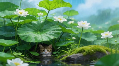 荷下躲雨猫