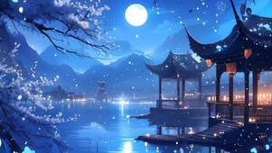 月夜湖畔阁楼