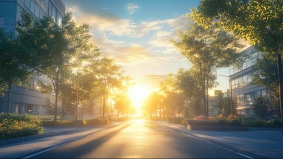 清晨阳光温暖城市街道