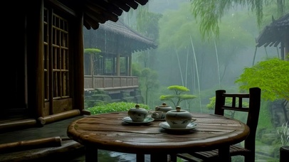 古风幽静雨天木屋