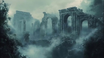 迷雾朦胧古代遗迹风景