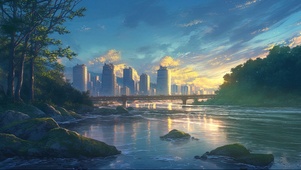 静谧落日森林溪流