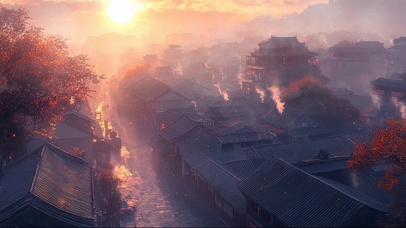 秋日朦胧清晨古镇美景