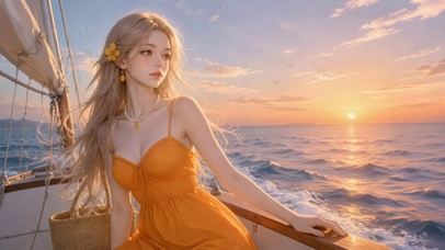 日落帆船海景美女