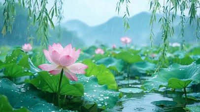 雨天池塘荷花