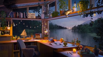 湖边夜晚木屋书房