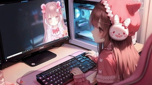 电脑旁边的女孩