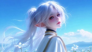 晴空下的银发精灵美少女