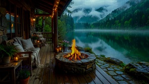 雨天山水湖边木屋