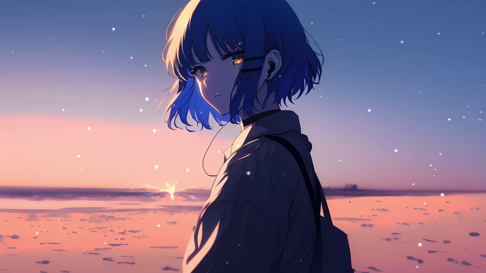 蓝发齐刘海少女侧身回望，背景为黄昏渐变天际与滩涂原野，空中散布白色光点。