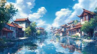 蓝天水乡两岸的建筑