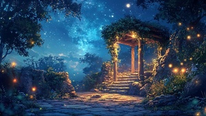 静谧夜空森林古井花园