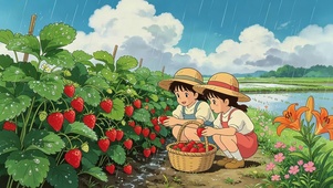 雨天摘草莓女孩