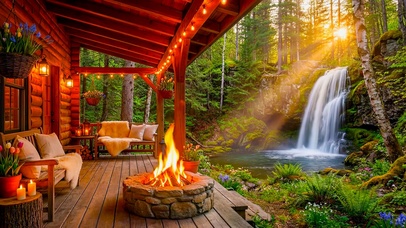 阳光树林瀑布小屋