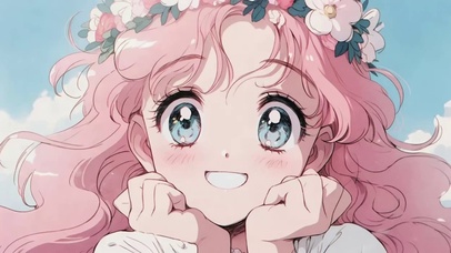 托腮的粉发动漫插画女孩