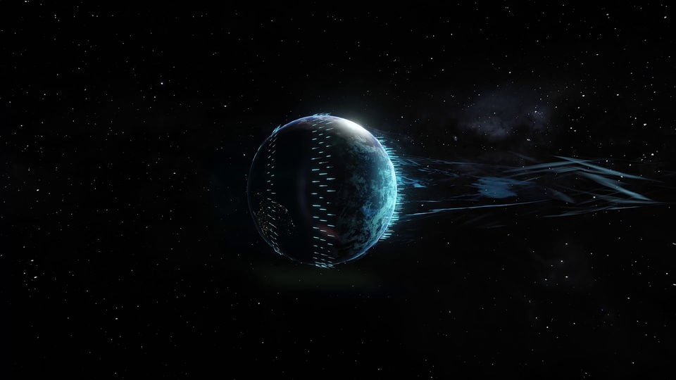 深空星点背景下的蓝色科幻行星，带有纵向亮纹与向右延伸的蓝青色光轨。