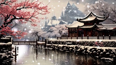 风雪飘舞的楼阁山水