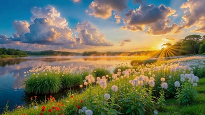落日湖畔唯美花海风景