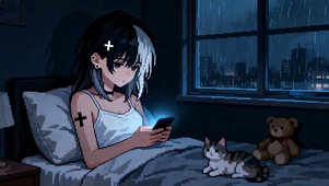 像素风插画玩手机的少女