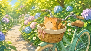 花径单车篮里的可爱橘猫