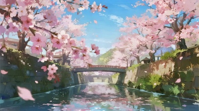 河流之上盛放的樱花