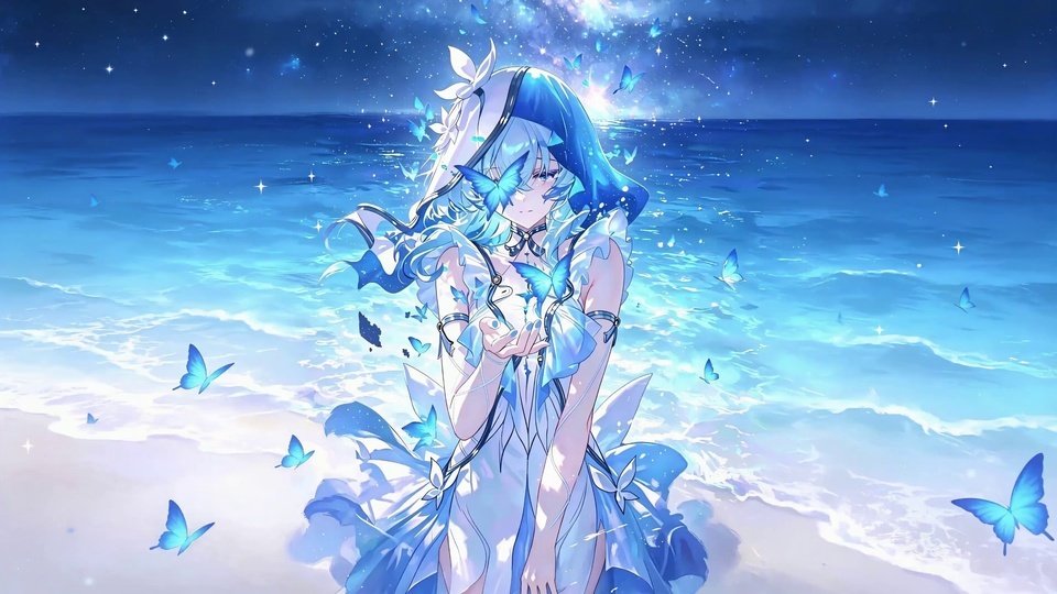 星海浅滩上的蓝发兜帽少女，周身环绕发光蓝色蝴蝶，海水泛着碎星光泽。