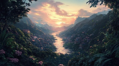 绿色深处隐秘小镇黄昏