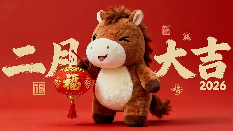 正红色新年场景中，棕白毛绒小马单眼眨眼、面带微笑，前爪握持带金色福字的红色中式灯笼，背景印有“二月大吉”书法文字与2026数字，点缀多处福字纹样。
