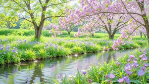 护眼春日溪边樱花林