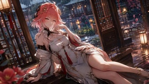 桃花庭院美人