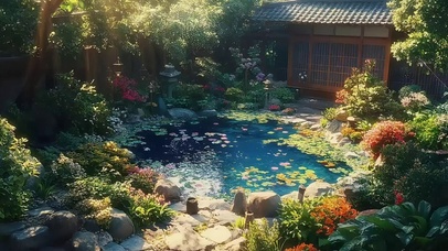 绚烂庭院静谧荷花池塘