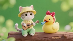 弹琴猫咪和吹喇叭小黄鸭