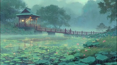 朦胧夏日荷塘栈桥古亭