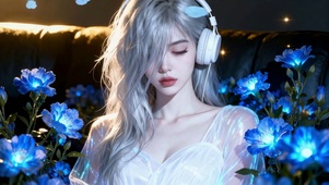 蓝色荧光花丛中灰发耳机纯欲美女