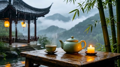 国风山顶亭子雨景