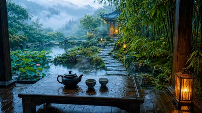 国风园林雨景