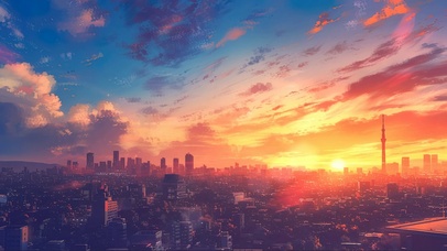 梦幻晚霞城市天际线