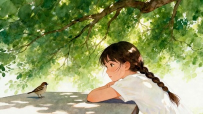 树下小鸟与女孩