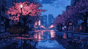 蓝调樱花雨夜城市街道
