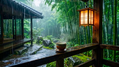 竹林木屋雨景