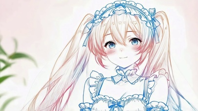 粉蓝手绘的双马尾女仆