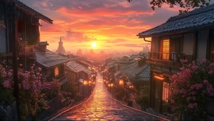 静谧落日古城街景建筑