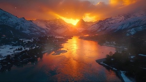 落日雪山河流